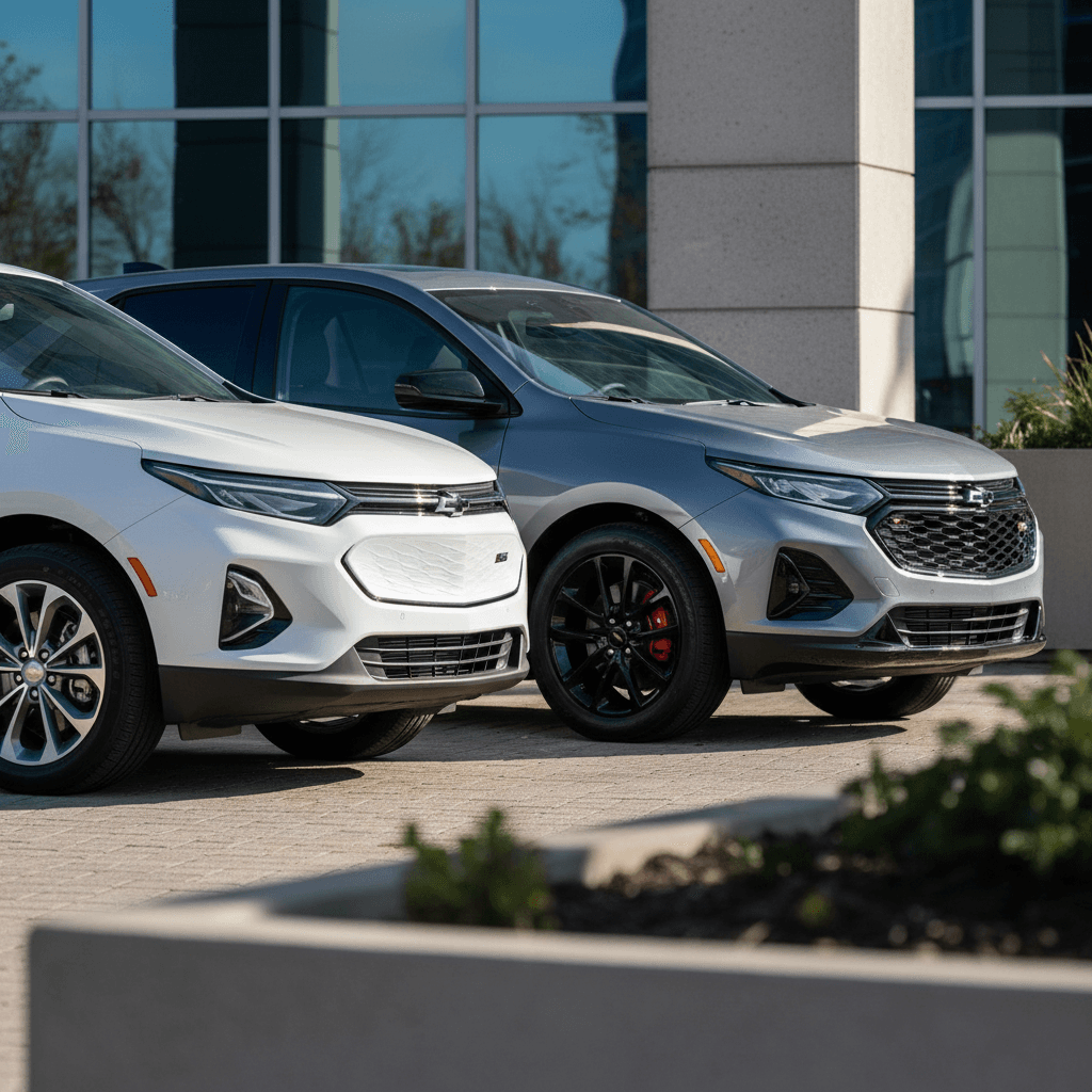 Chevrolet Equinox EV LT and RS parked side by side highlighting styling, wheels, and trim differences