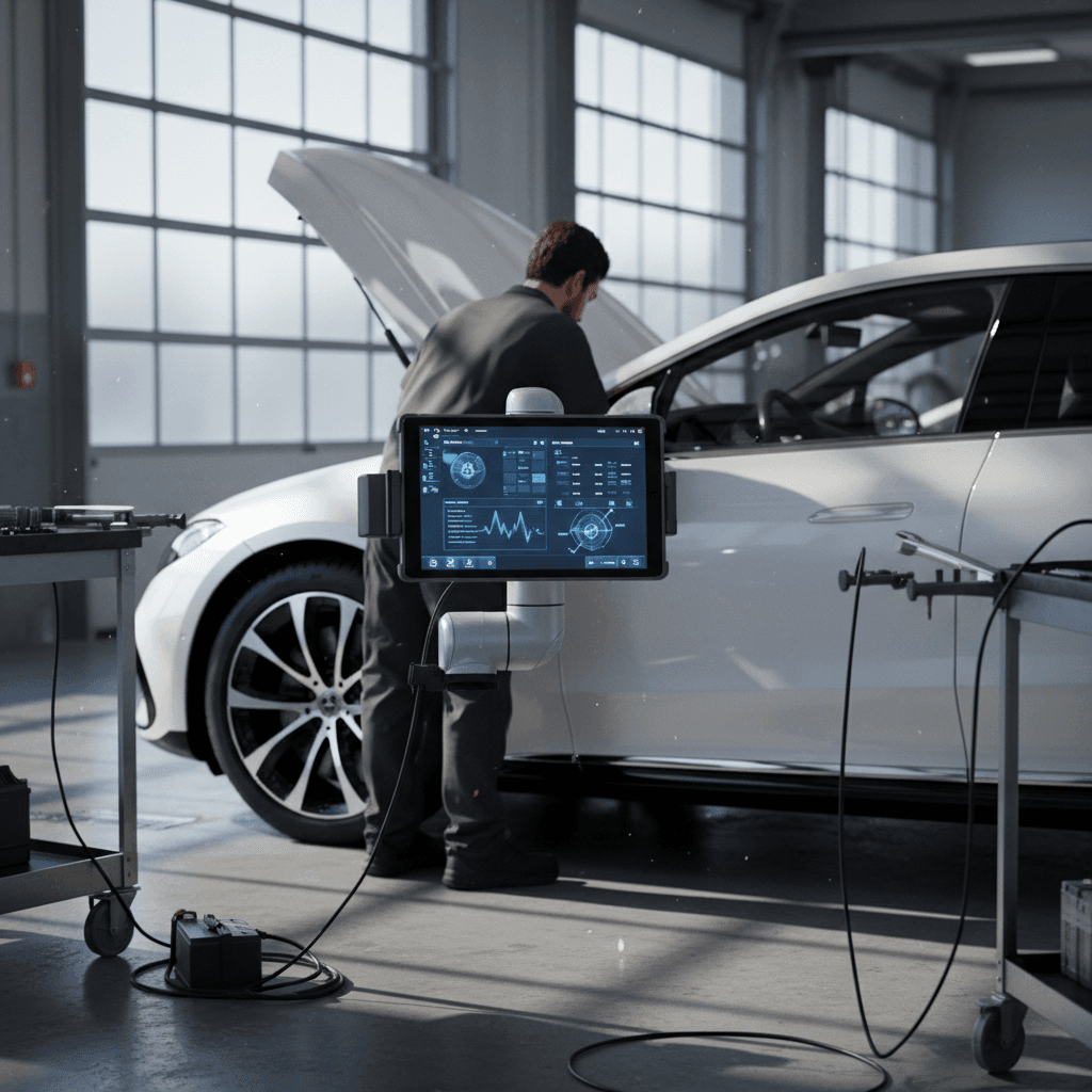 Technician scanning a Mercedes EQS with diagnostic equipment to assess battery health and software status.