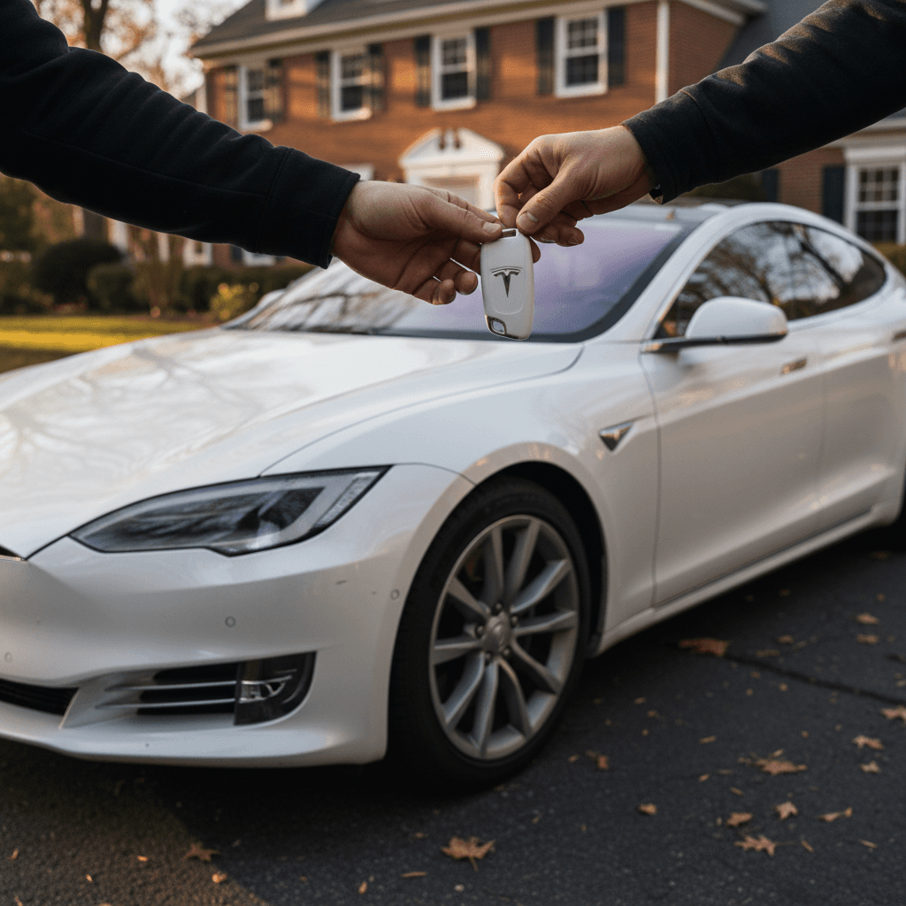 Owner handing keys of a Tesla Model S to a buyer outside a Virginia home