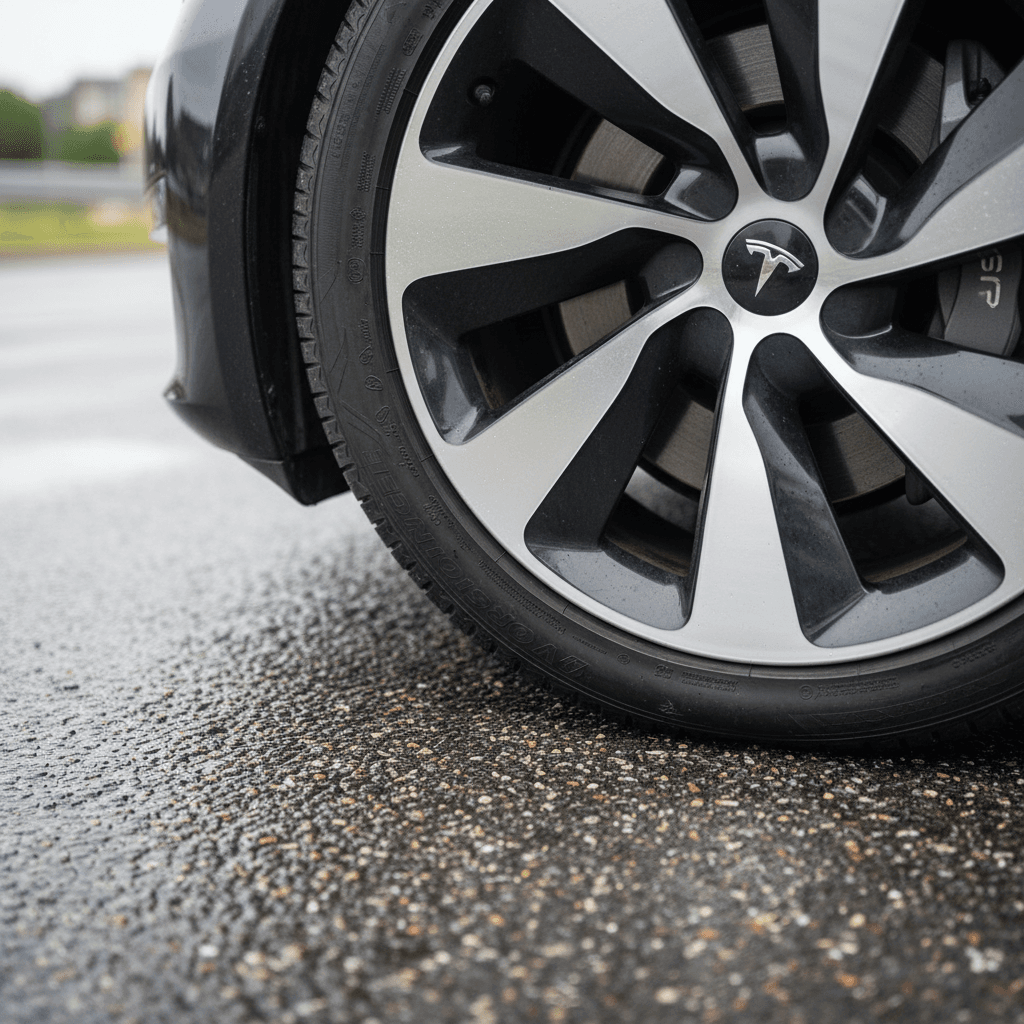 Close-up of an electric car tire on asphalt, highlighting tread pattern that affects road noise