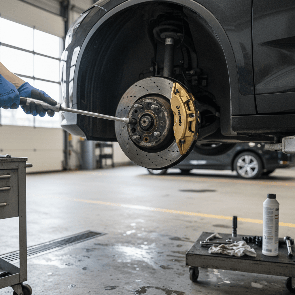 Polestar 2 on a lift with a technician inspecting the wheel and brake hardware