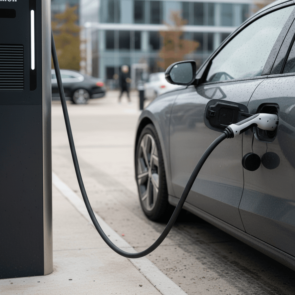 A white 2023 Hyundai Ioniq 6 plugged into a high-power DC fast charger at a modern public charging station