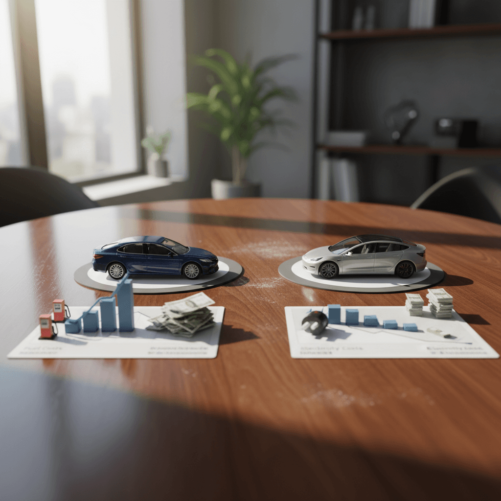 Side-by-side comparison graphic of annual fuel and maintenance costs for a gasoline sedan versus an electric sedan