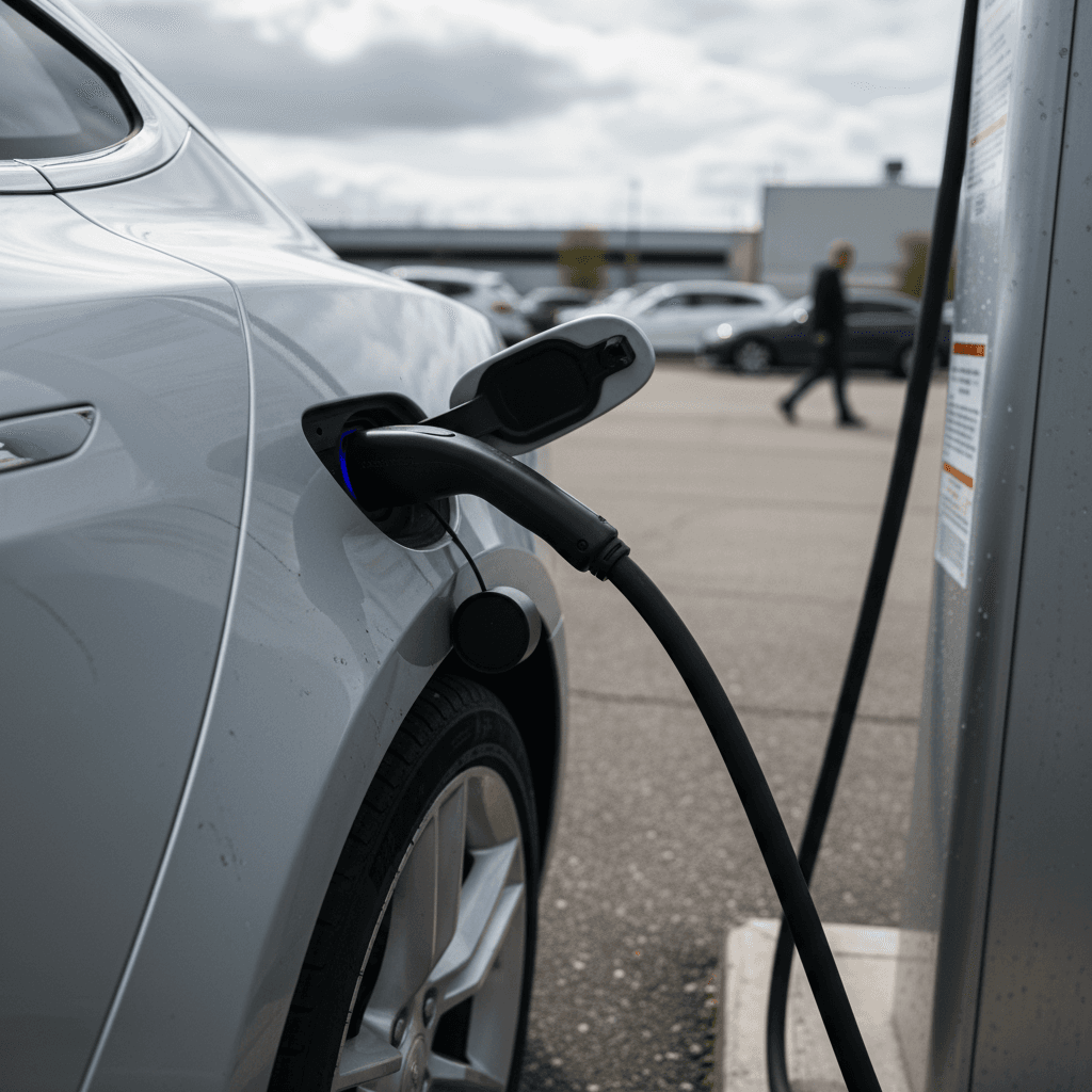 2024 Tesla Model S plugged into a fast charger, showing the rear of the car and charging connector