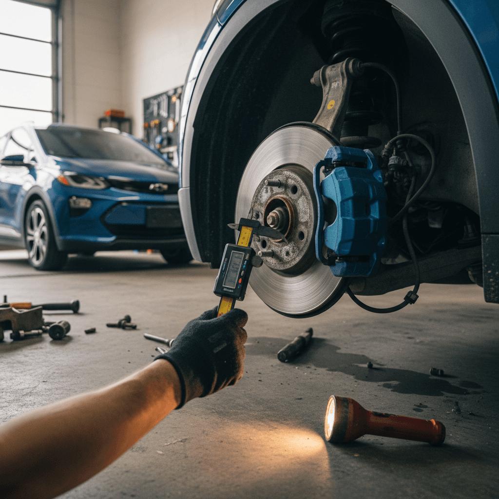 Mechanic inspecting an electric vehicle on a lift during routine maintenance