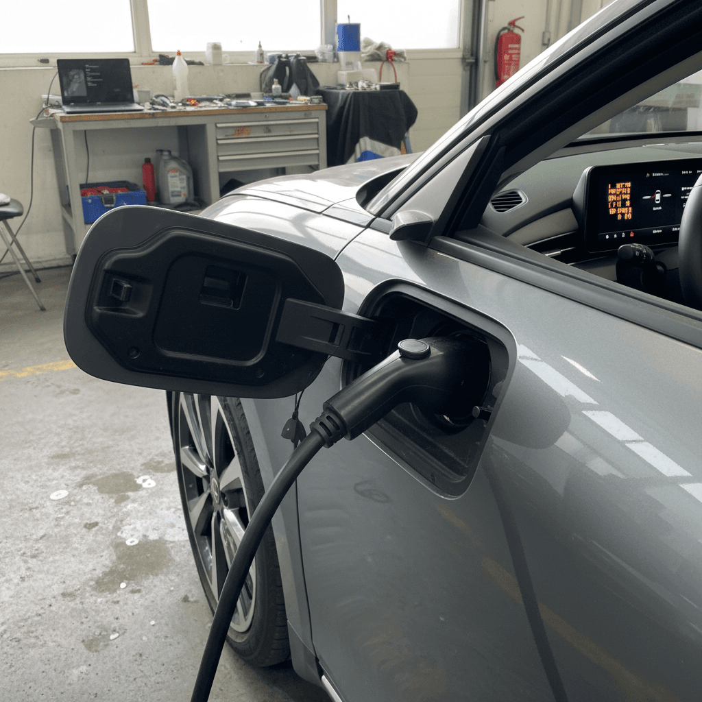 Hyundai IONIQ 6 plugged into a Level 2 home charger with charging status displayed on the dashboard