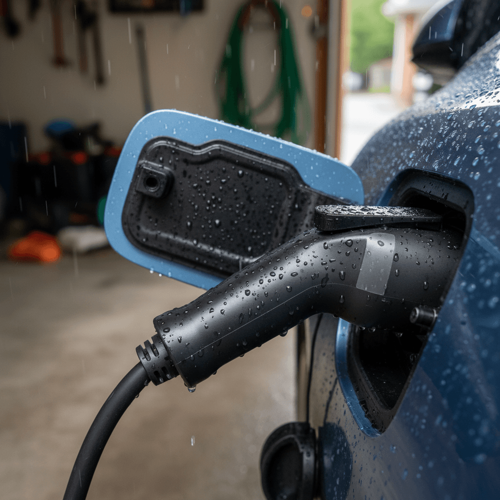 Close-up of an EV charging connector plugged into a car’s charge port with raindrops on the handle and bodywork