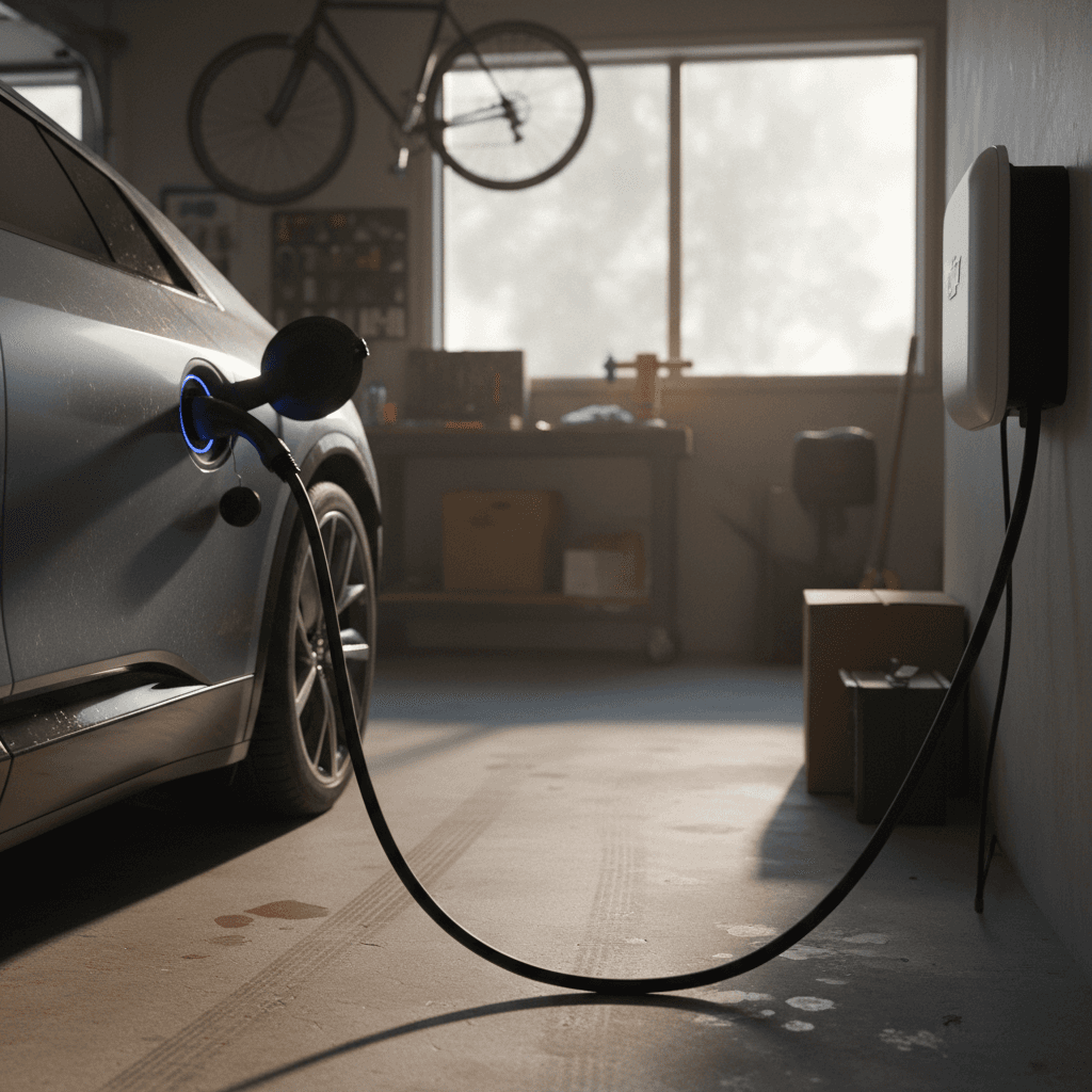 Cadillac Lyriq charging at a Level 2 wallbox in a suburban home garage