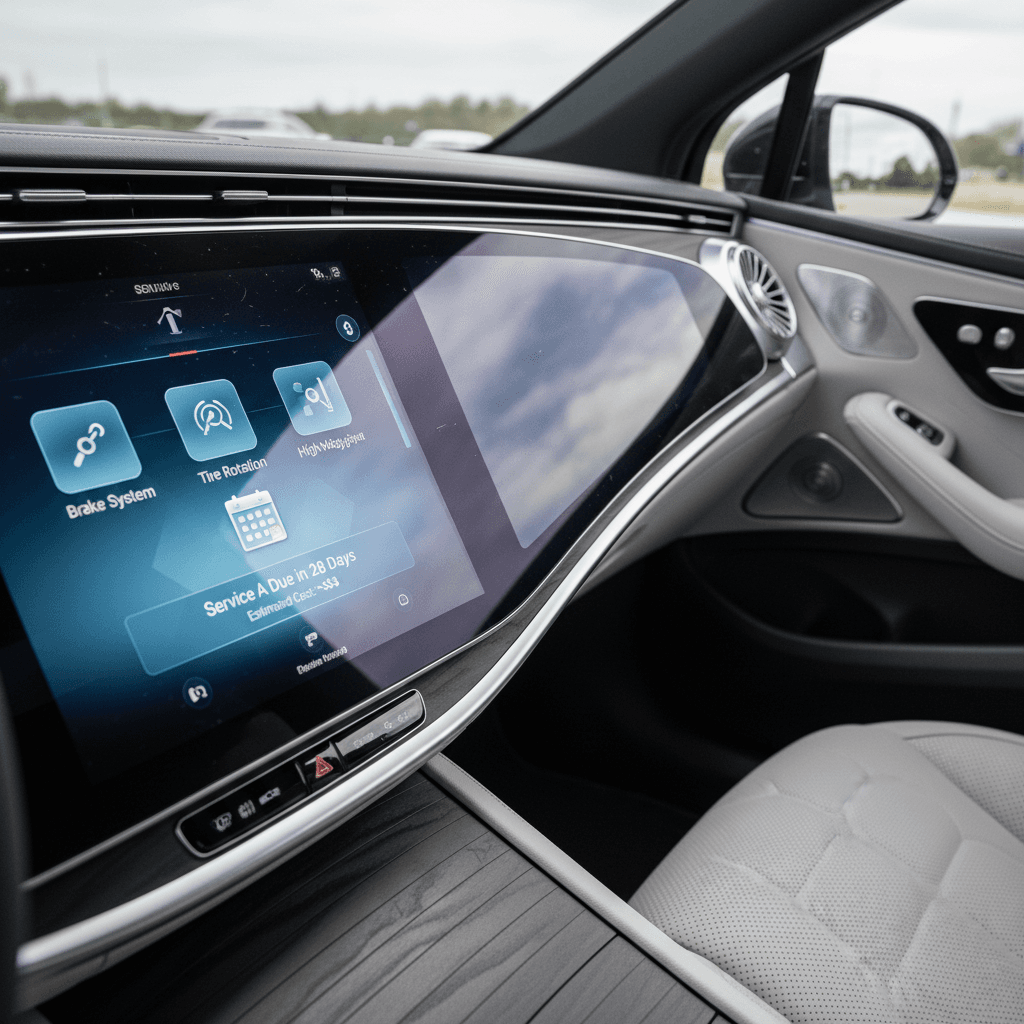 Mercedes EQS dashboard showing upcoming service reminder and mileage interval