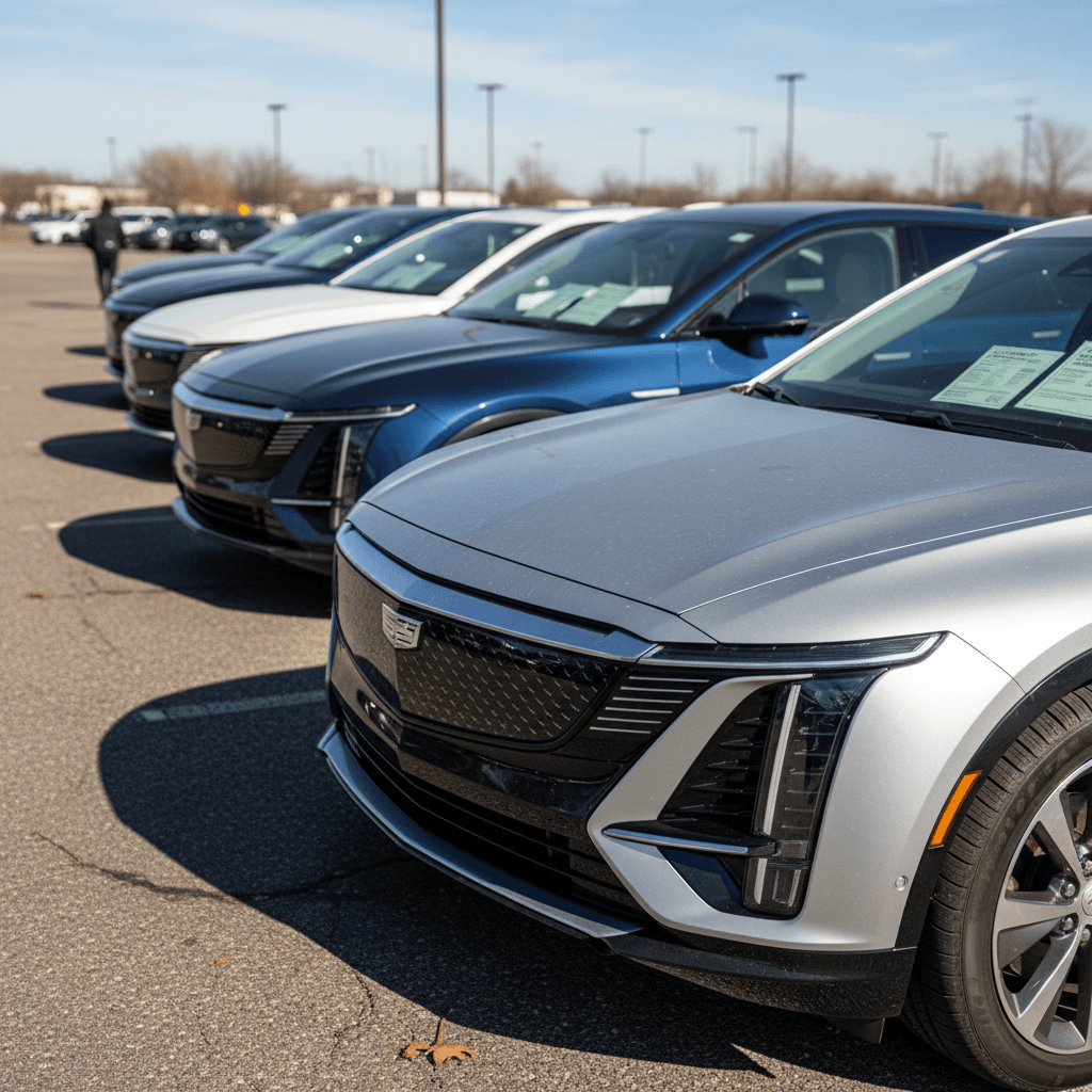 Row of used Cadillac Lyriq SUVs lined up with price stickers on the windshields at a used EV retailer