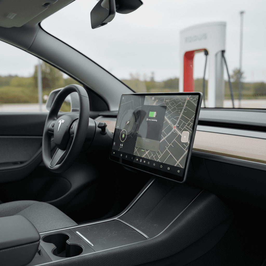 2026 Tesla Model Y interior view of central touchscreen while parked at a fast charger