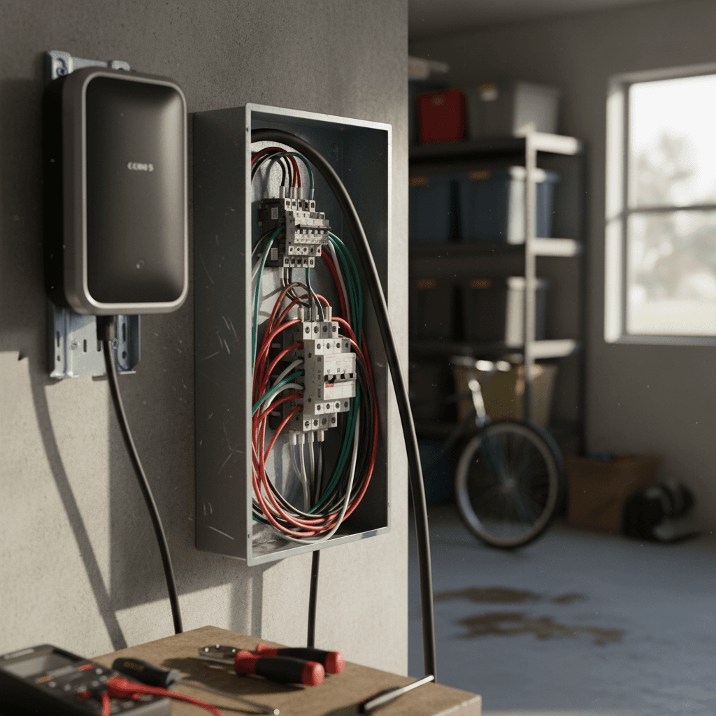 Licensed electrician wiring a wall mounted Level 2 home EV charger next to a residential electrical panel