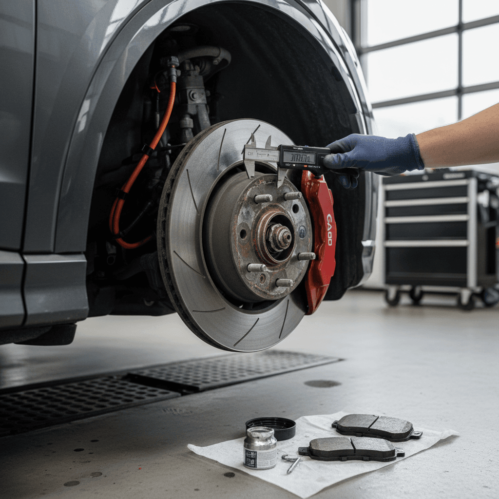 Technician checking tire and brake wear on an Audi Q4 e-tron in a service bay