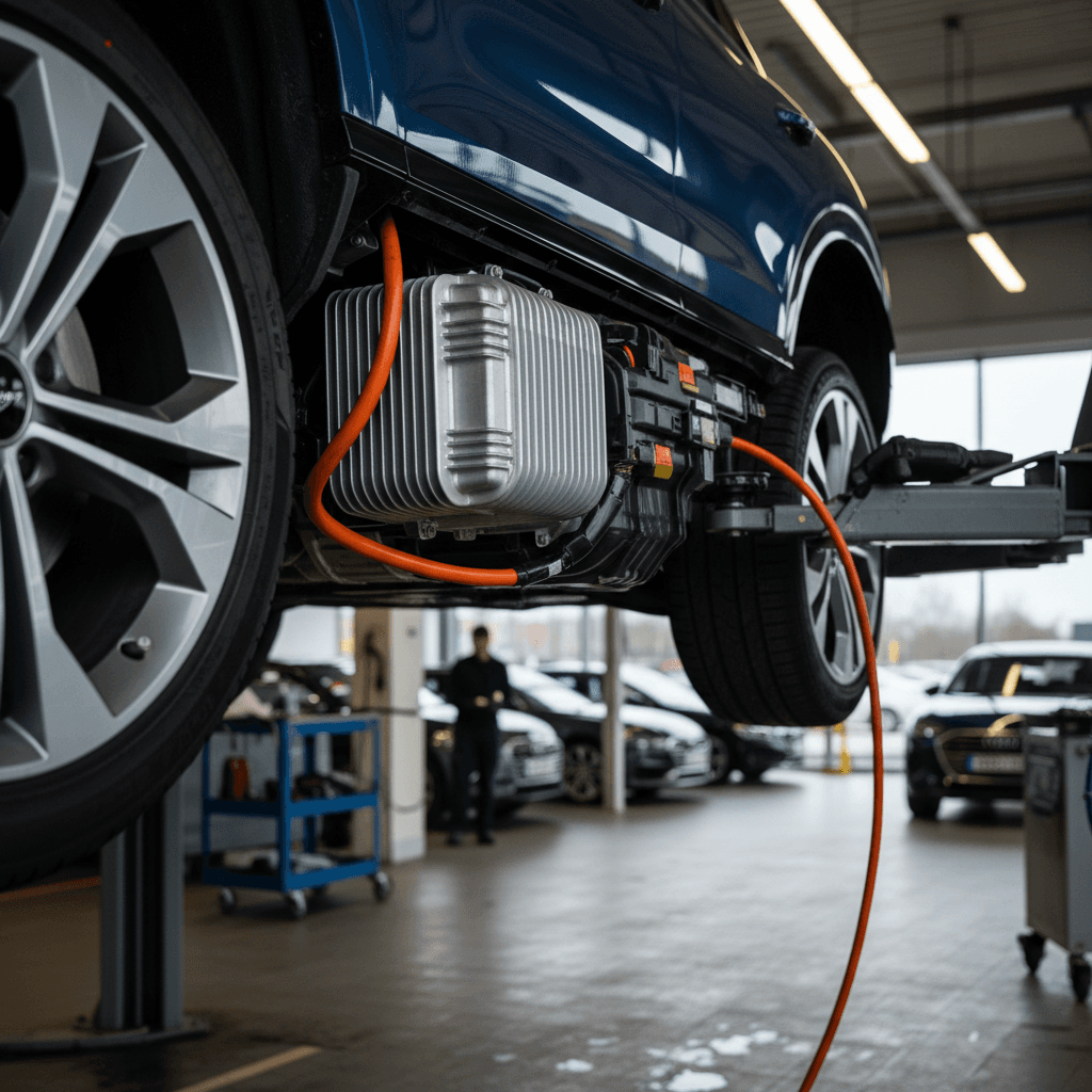 Audi Q4 e-tron on a lift in a service bay while a technician checks its high-voltage components