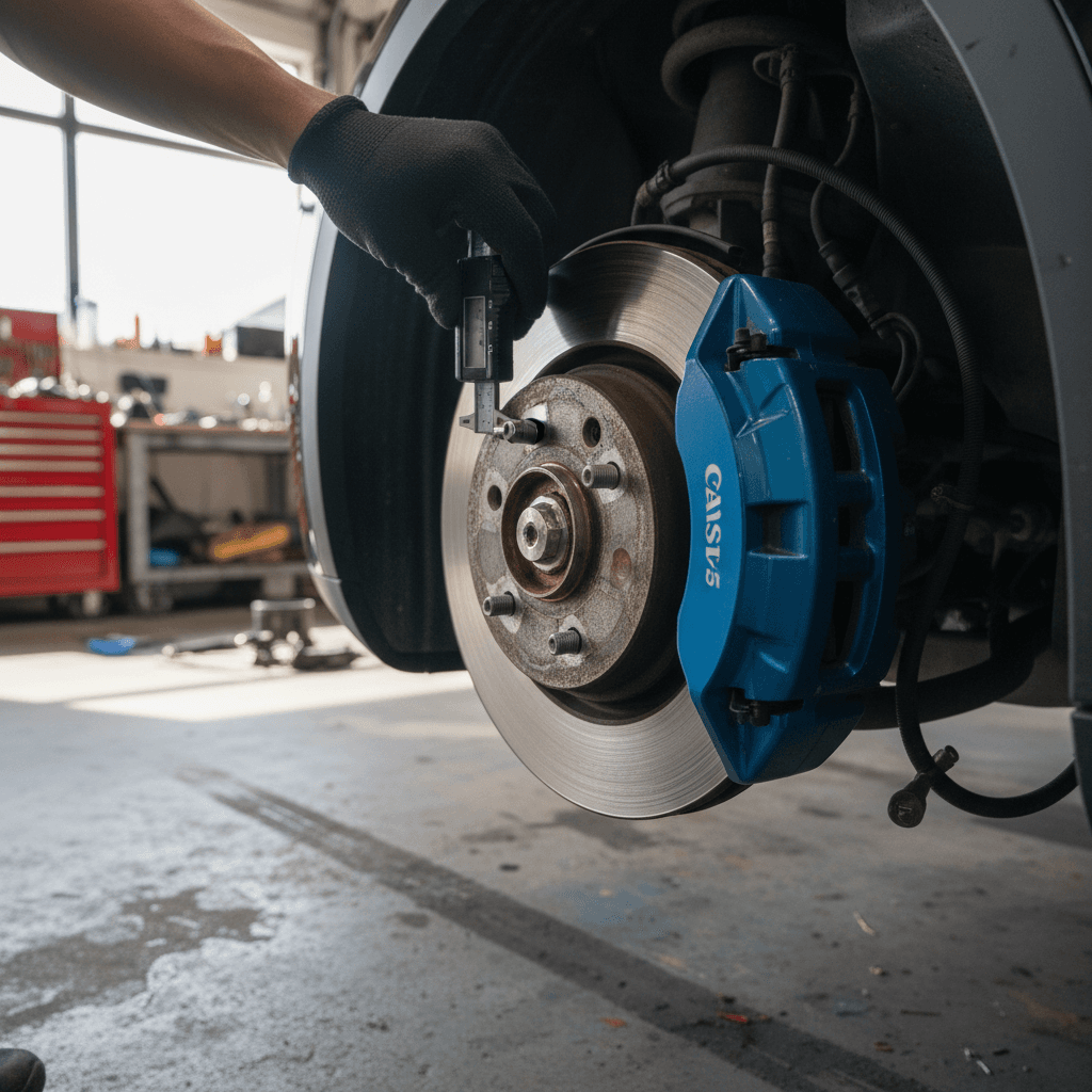 Mechanic inspecting disc brakes on a modern electric crossover