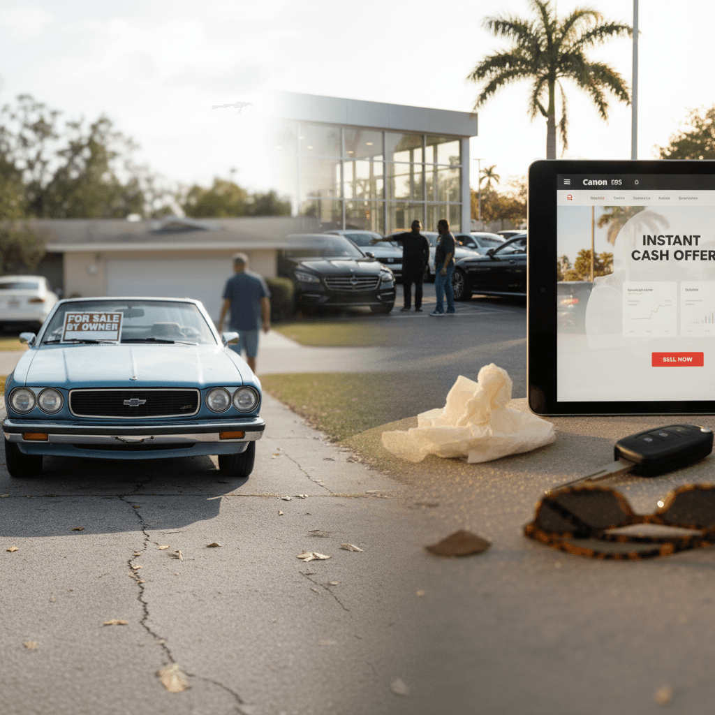 Diagram comparing private sale, dealer trade-in, online buyers, and EV marketplaces as options to sell a used car in Florida