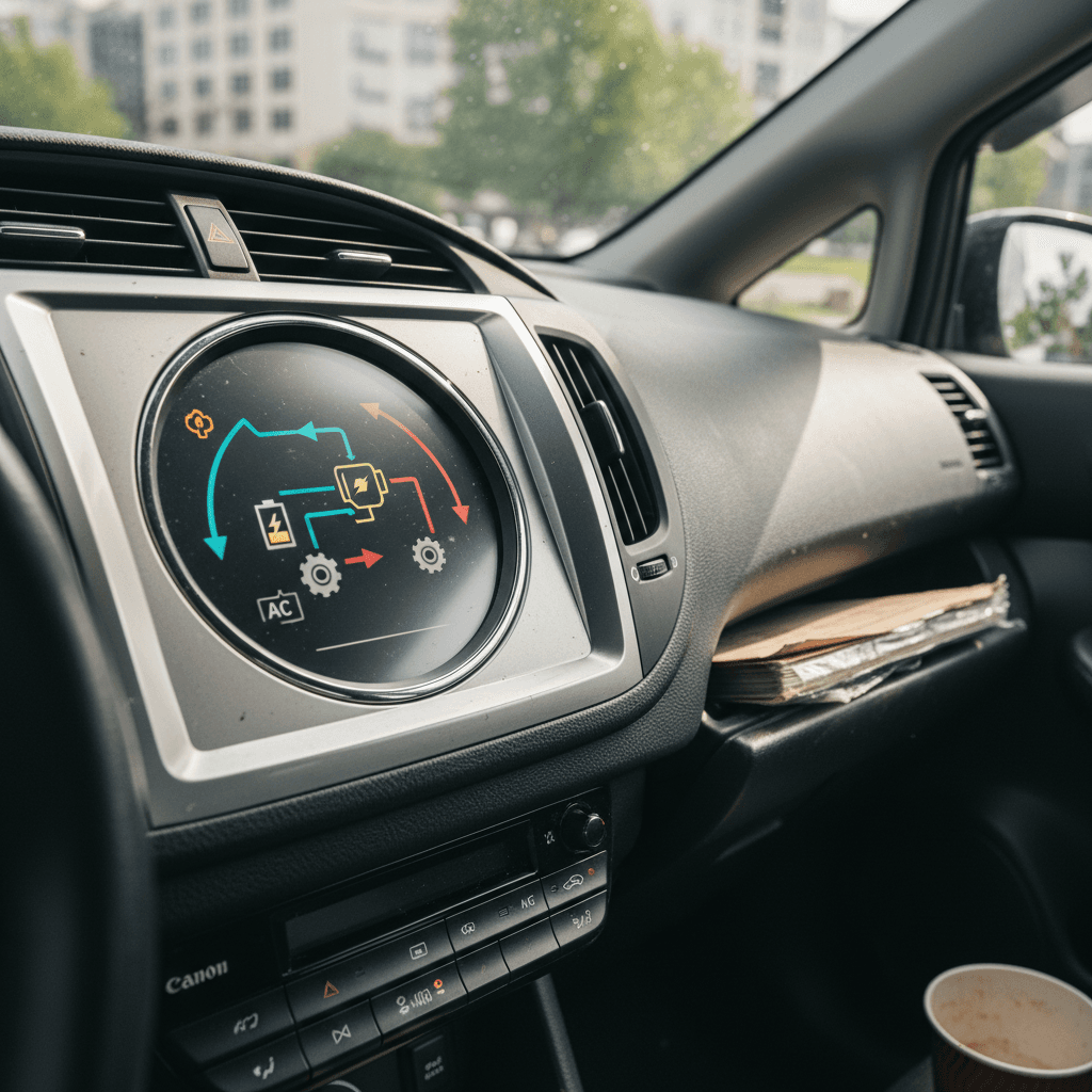 Electric vehicle interior touchscreen showing climate control settings and cabin temperature
