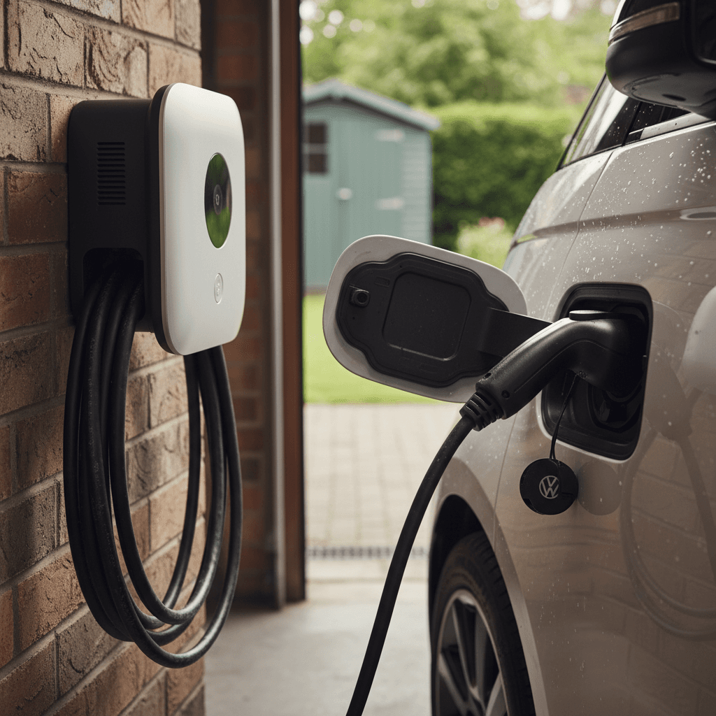 VW ID. Buzz plugged into a home wallbox charger, showing charging status lights near the port