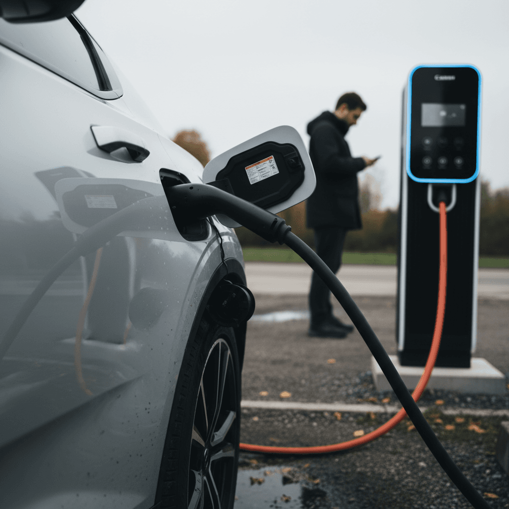 Driver charging a silver Polestar 2 at a public DC fast charging station on a road trip