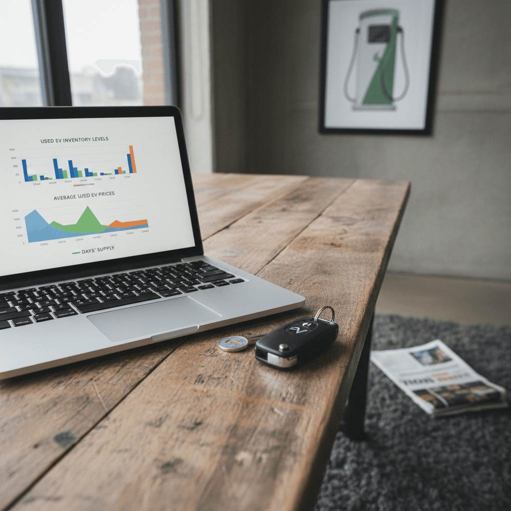 Laptop displaying charts of used EV inventory levels and prices next to an electric car key fob on a desk