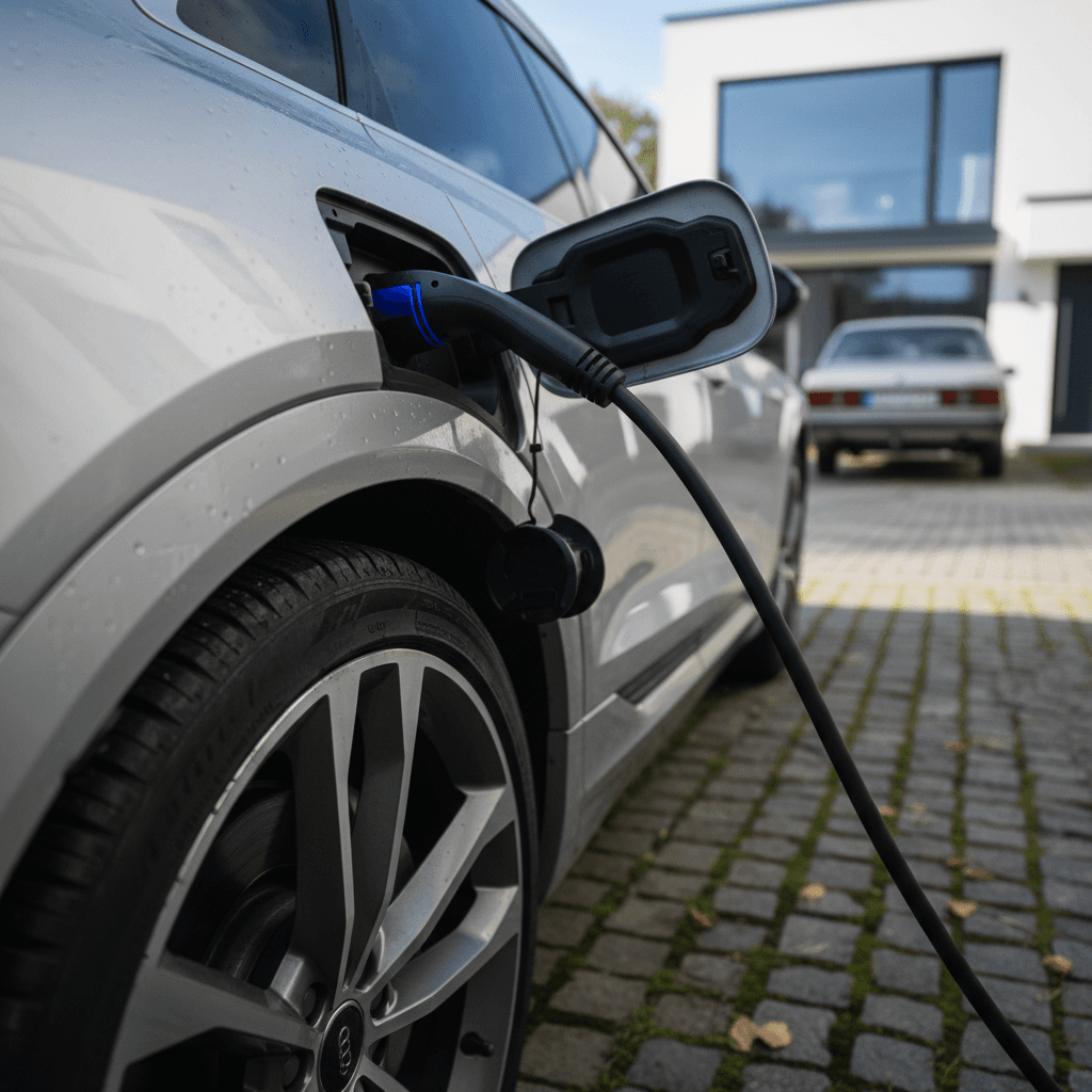 Audi Q8 e-tron plugged into a home Level 2 charger, highlighting the charging port and wheel