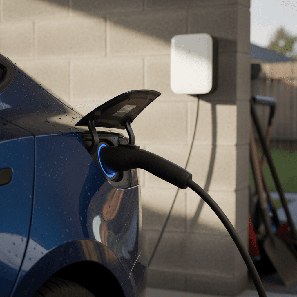 Tesla Model 3 plugged into a home wall charger, close-up of the charging port and connector.