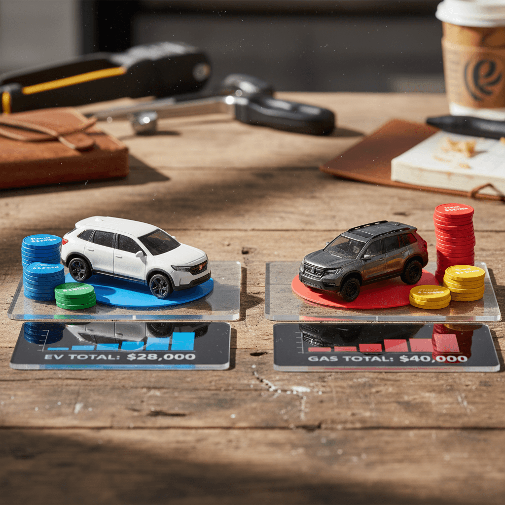 Side-by-side chart comparing 5-year electricity costs for a Honda Prologue against gasoline costs for a Honda Passport