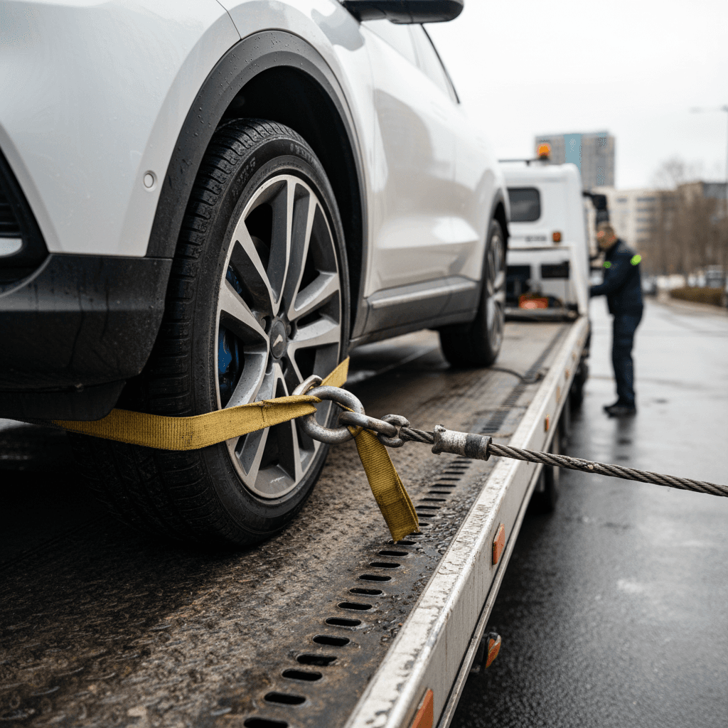 Tow truck winching an electric car using the front tow eye onto a flatbed