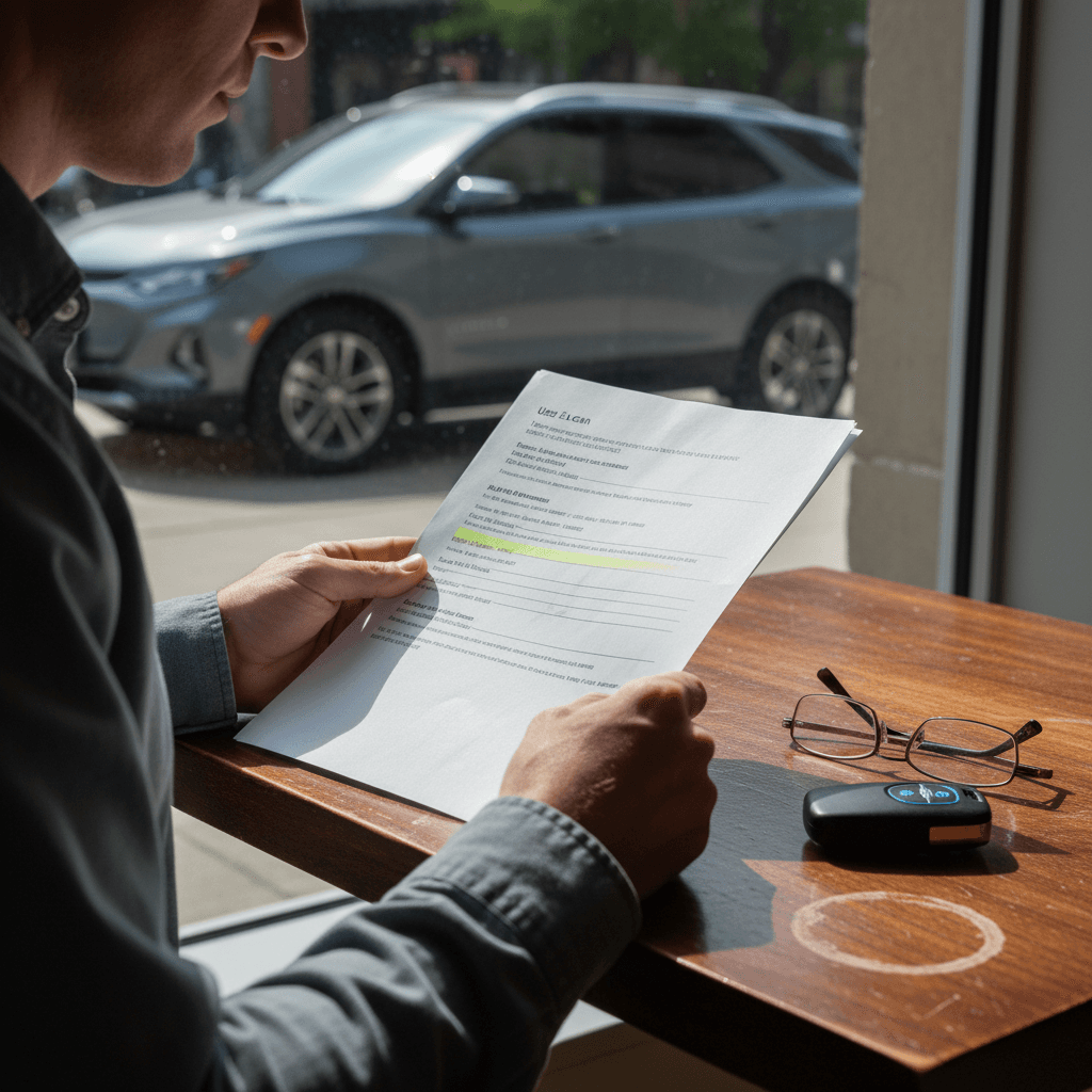 Person reviewing auto loan APR and term options for a used Chevrolet Equinox EV, with keys and calculator on the table