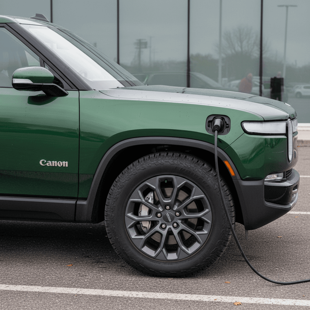 Used Rivian R1S parked at a dealership, showing wheels, door alignment, and charging port area for inspection