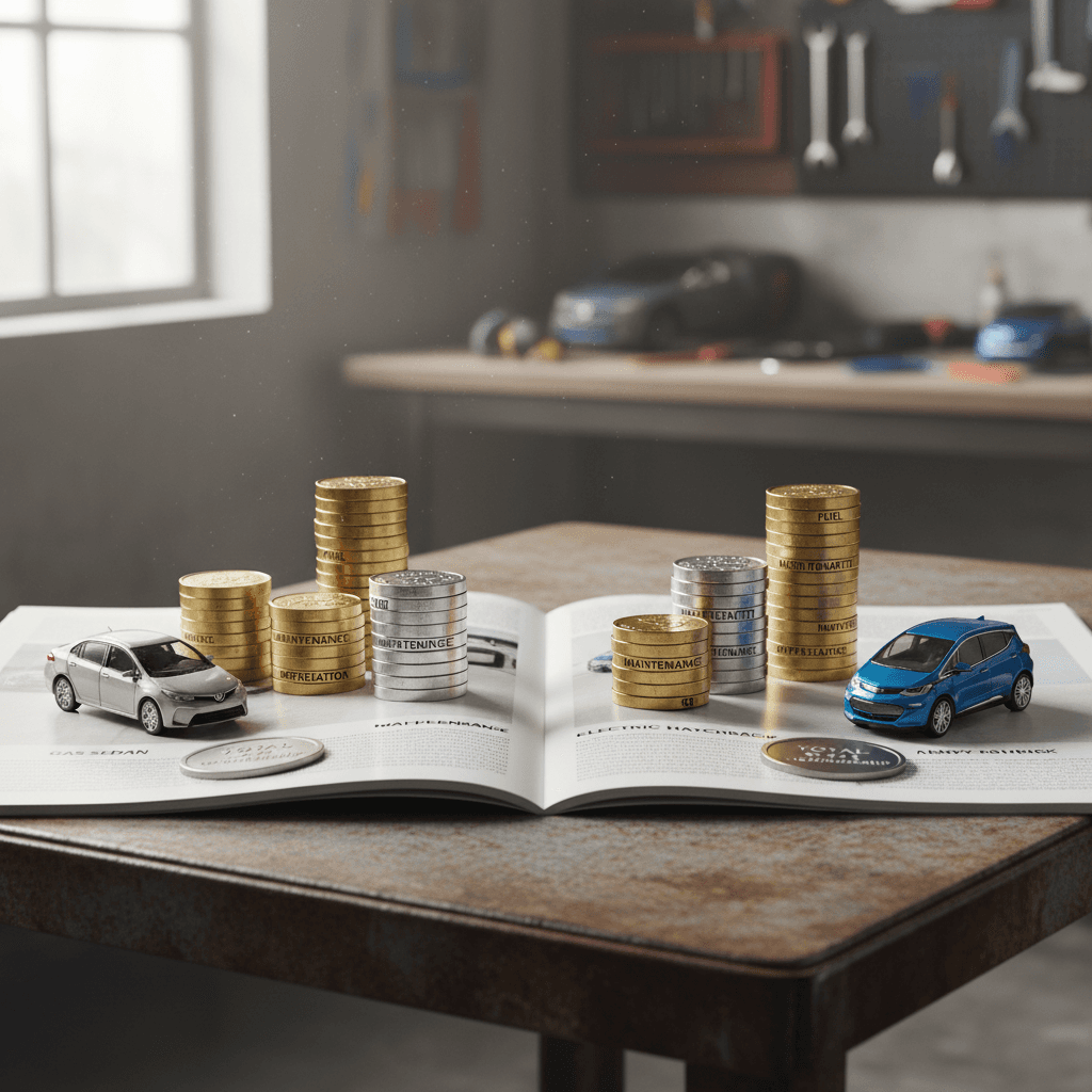 Side-by-side bar chart comparing monthly fuel cost for a Toyota Corolla versus monthly electricity cost for a Chevrolet Bolt EV