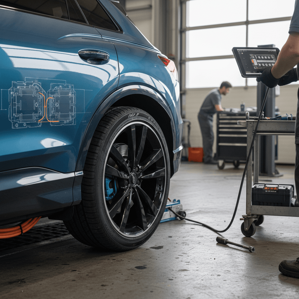Mechanic inspecting a 2024 Audi Q4 e-tron on a lift, checking suspension and underbody components