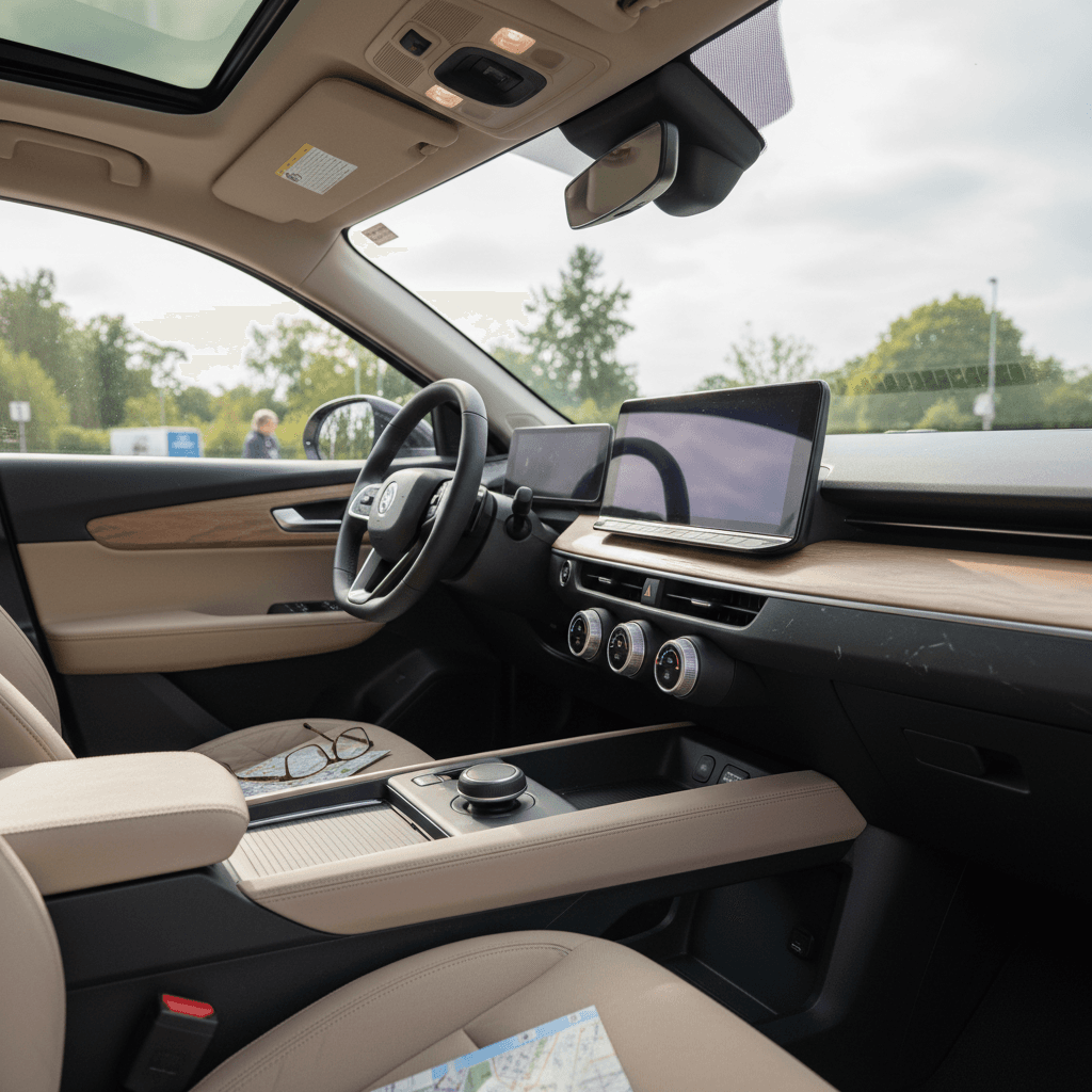 Senior driver sitting comfortably in a modern electric crossover, with high seating and clear view over the dashboard