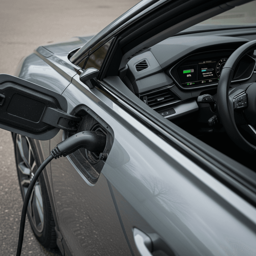 Audi Q4 e-tron plugged into a home charger with clean exterior and interior ready for sale photos