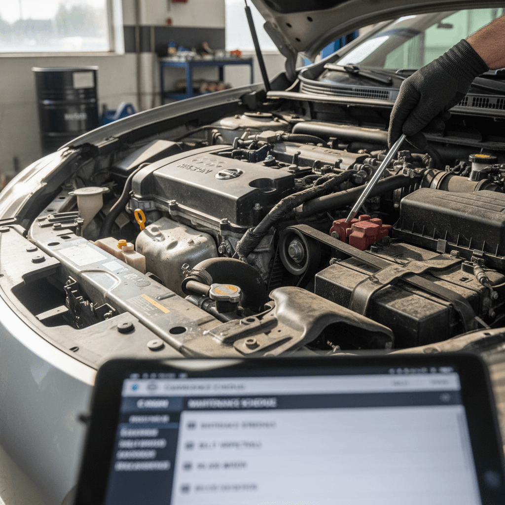 Mechanic inspecting the engine bay of a compact sedan during scheduled maintenance