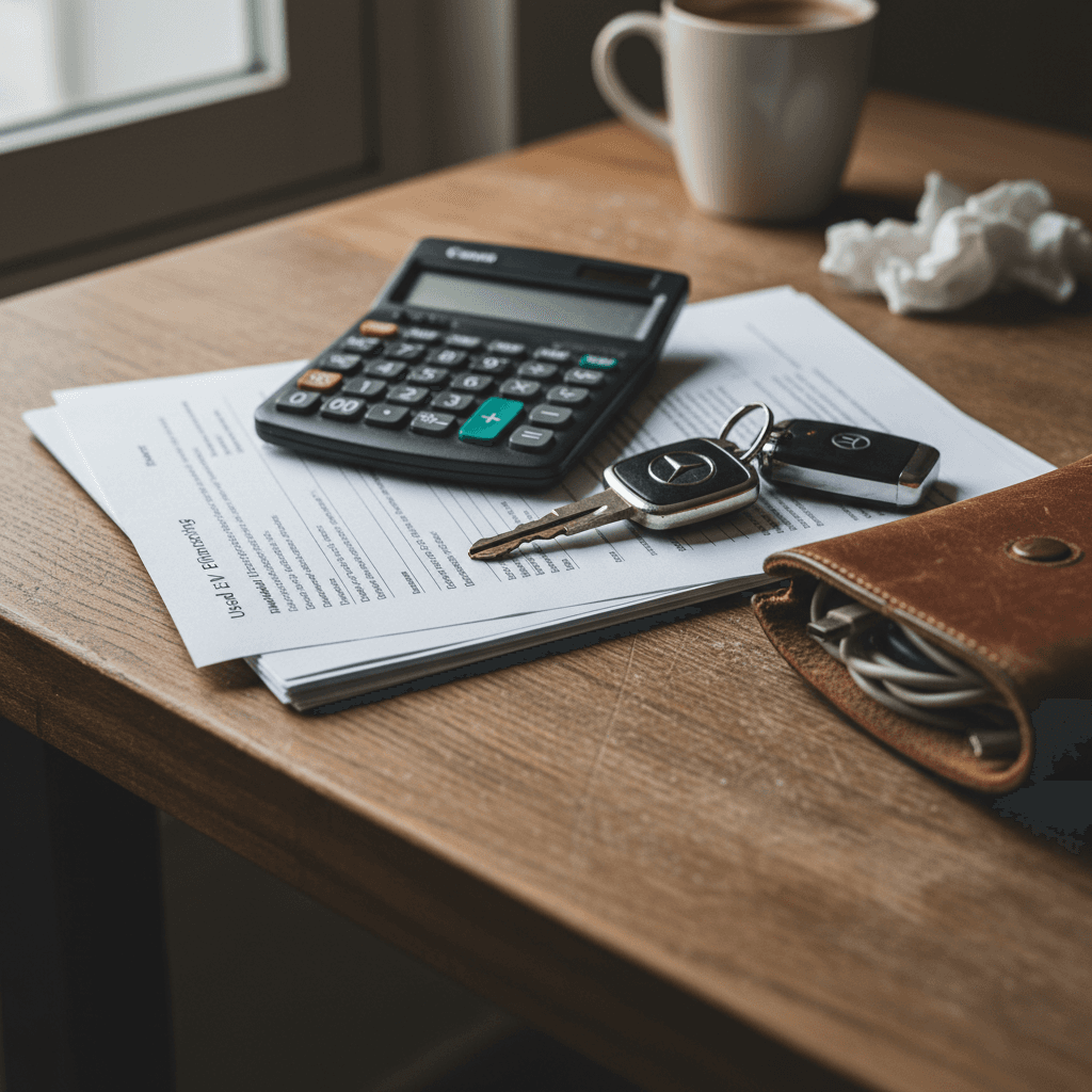 Close-up of financing documents, calculator, and key fob for a used Mercedes EQB, illustrating the process of comparing loan offers.