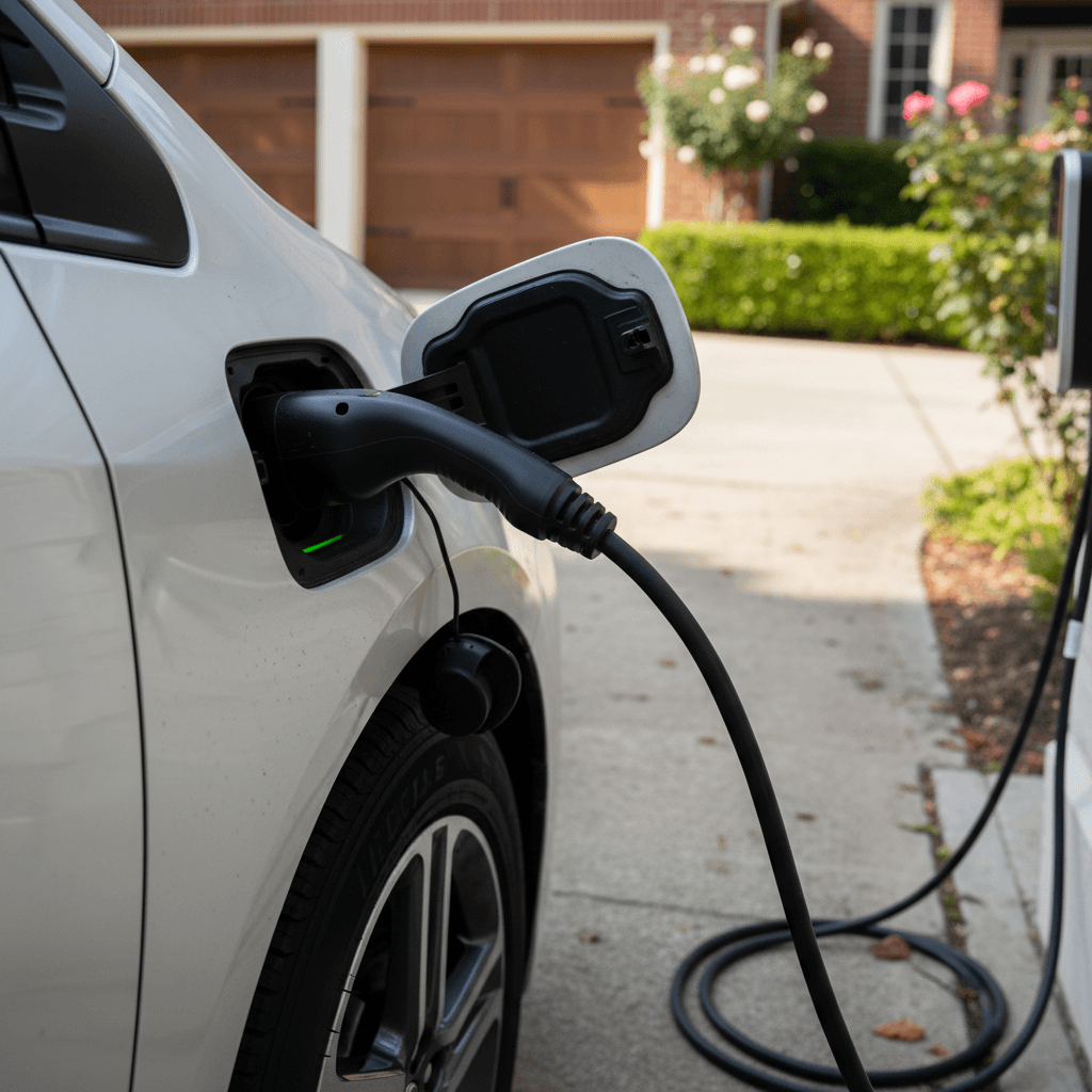 Close-up of a Toyota Prius Prime plugged into a home charging outlet in a residential driveway