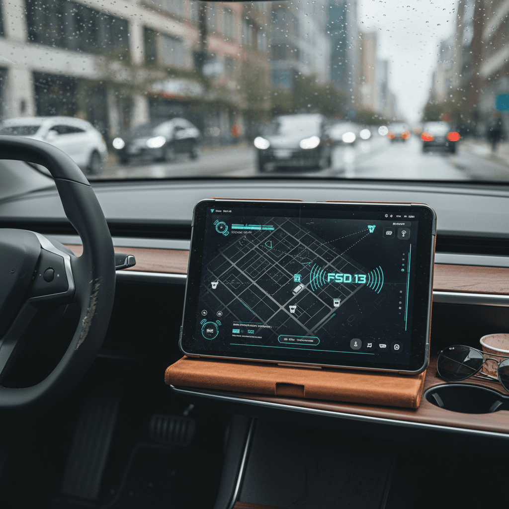 Tesla center screen showing Full Self‑Driving navigation interface