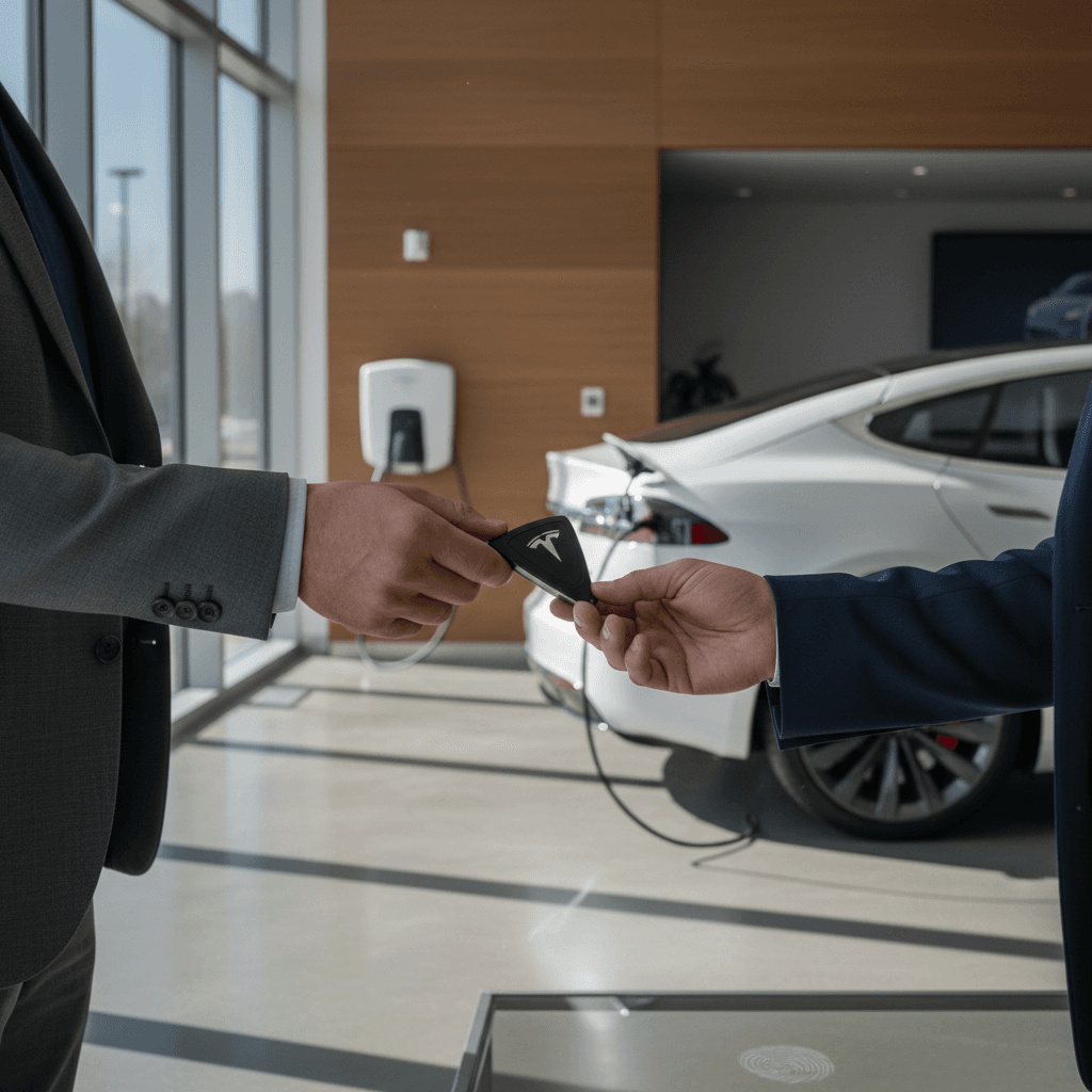 Seller completing paperwork to sell a 2021 Tesla Model S in a bright showroom environment