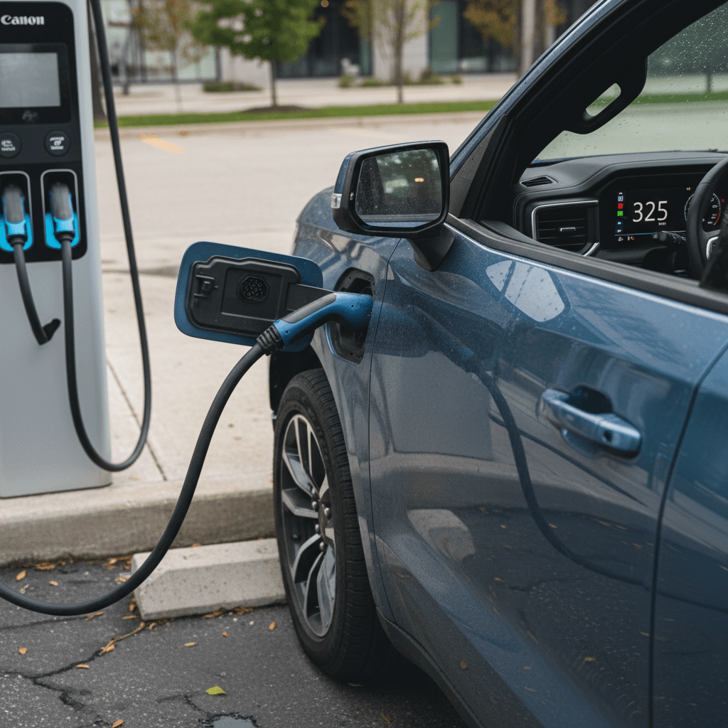 Chevy Silverado EV plugged into a DC fast charger with range displayed on the gauge cluster