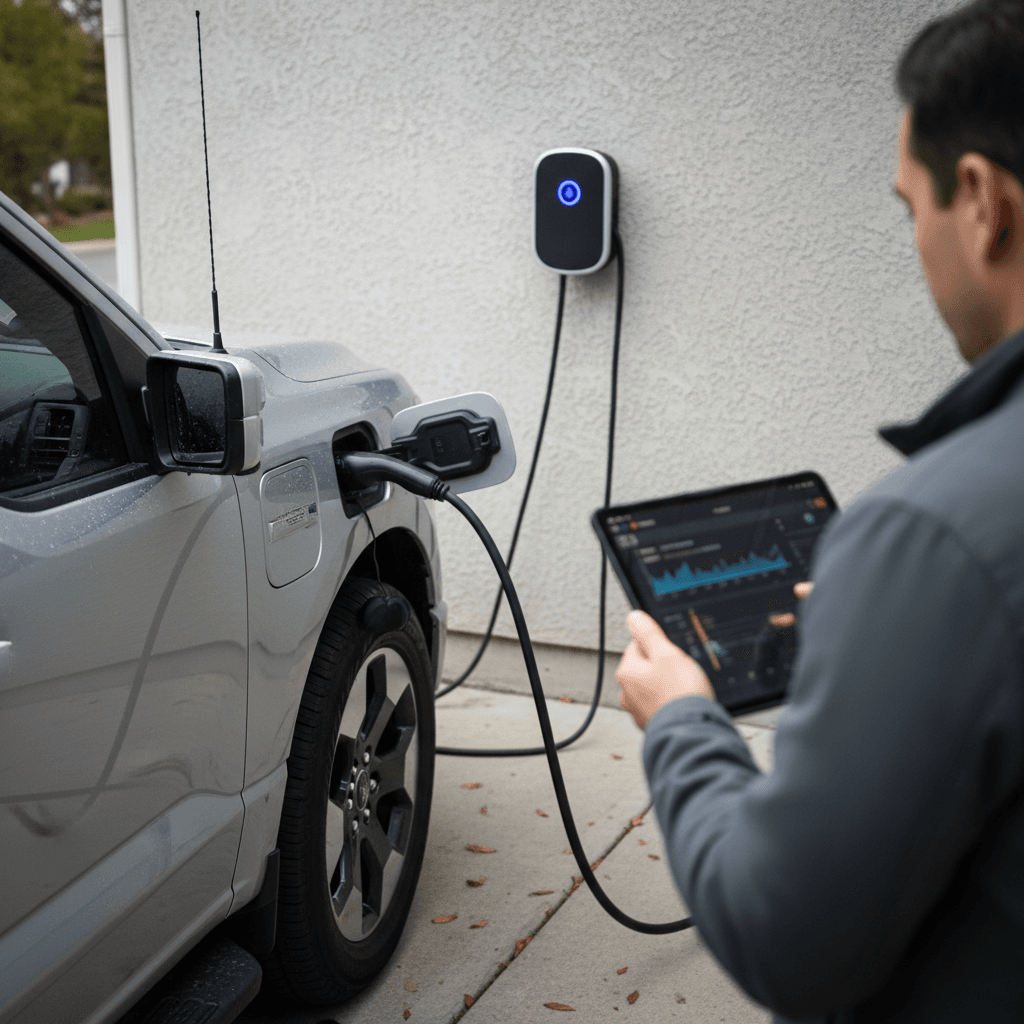 Ford F-150 Lightning plugged into a home charger while the owner reviews an EV battery health report on a tablet