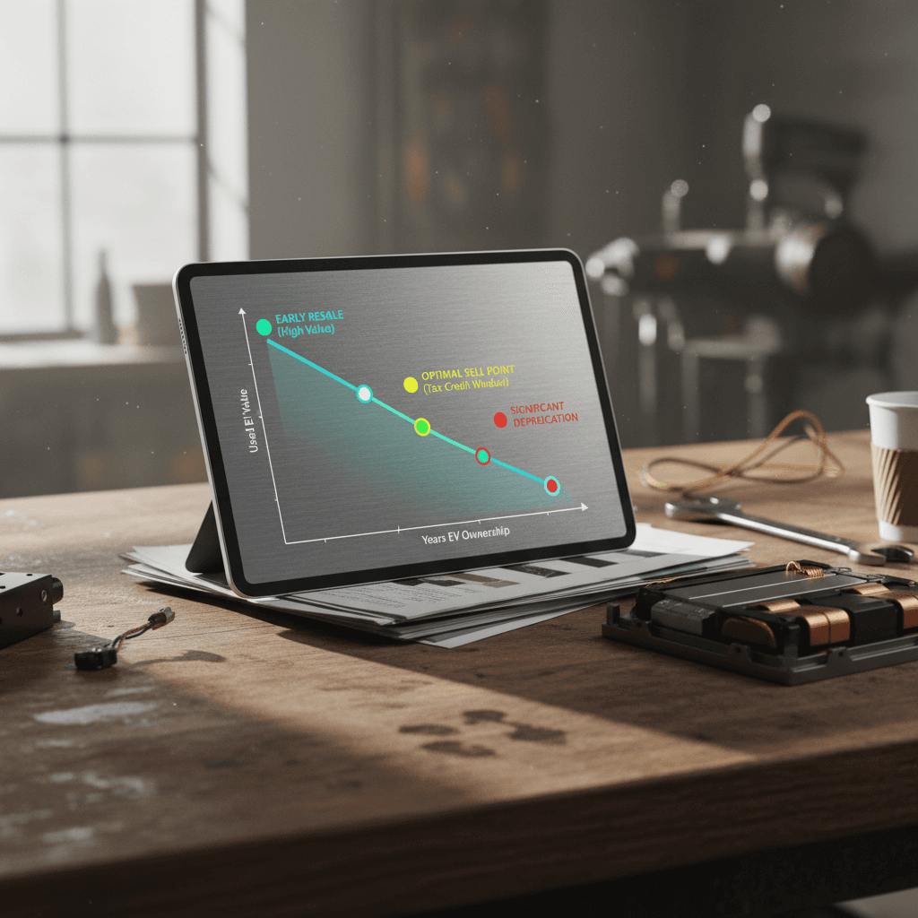 Stylized chart showing a used EV’s value falling fastest in the first few years, then flattening, with a highlighted band in years three to five as the best time to sell.