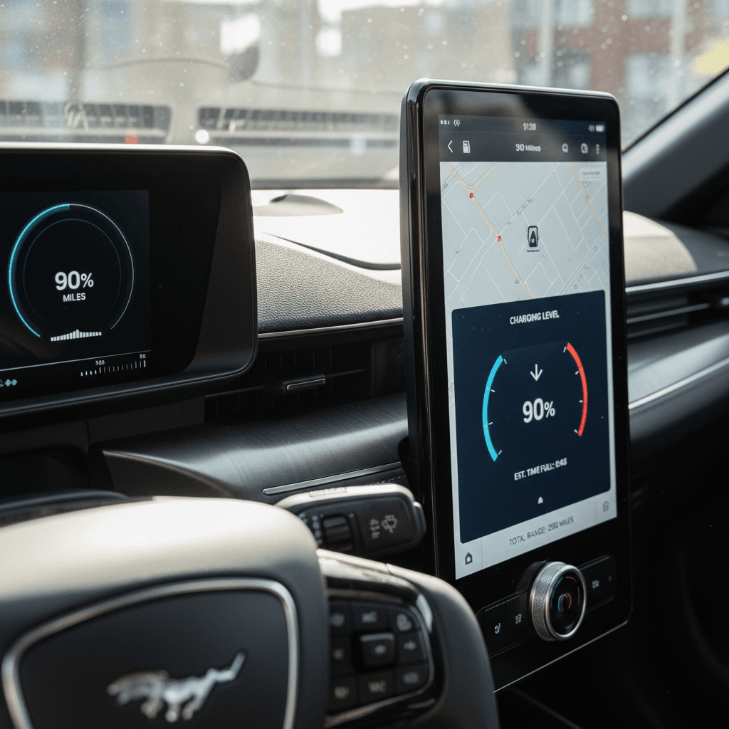 Digital dash and center screen in a 2023 Ford Mustang Mach-E showing state of charge, estimated range and navigation.