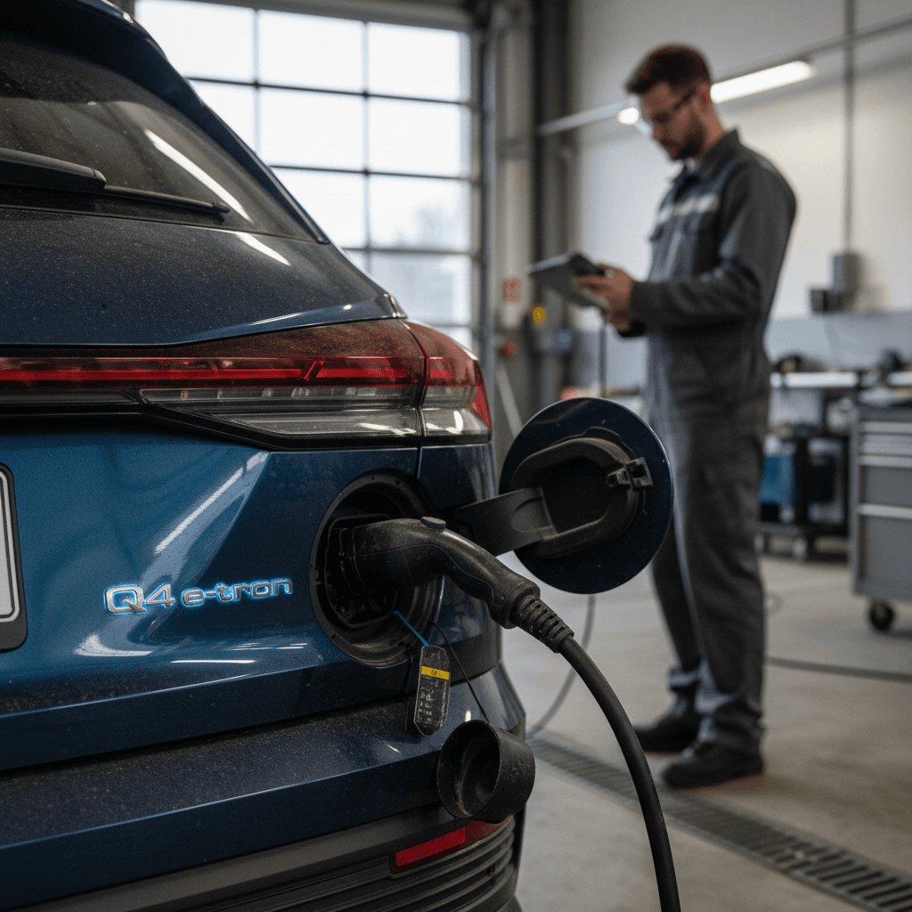 Technician checking a 2022 Audi Q4 e-tron at a service bay, focusing on the rear area and charging port