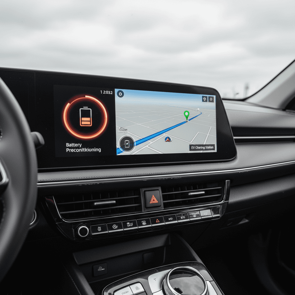 Kia EV6 digital instrument cluster showing battery and navigation information