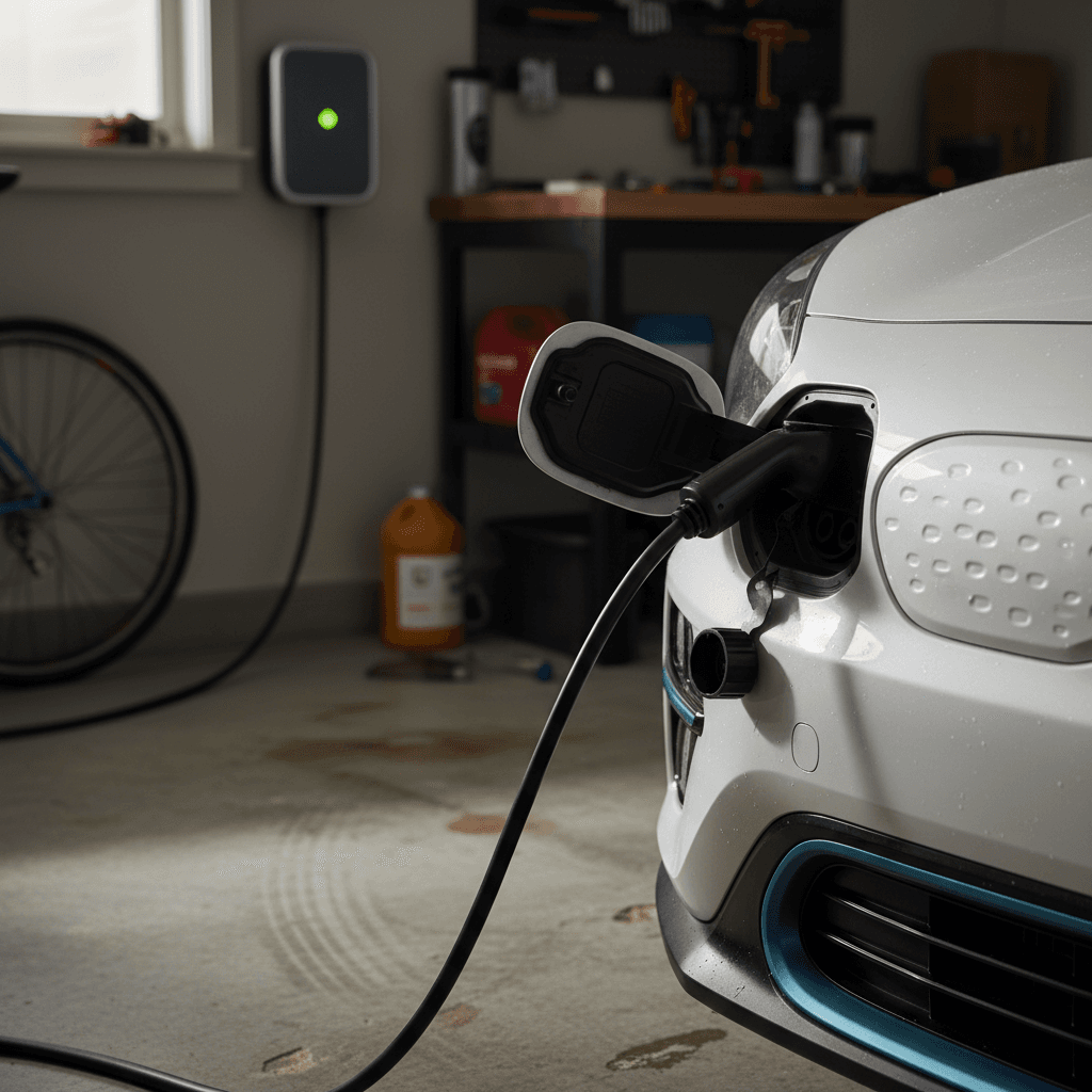 Kia Niro EV charge port connected to a Level 2 wallbox in a home garage