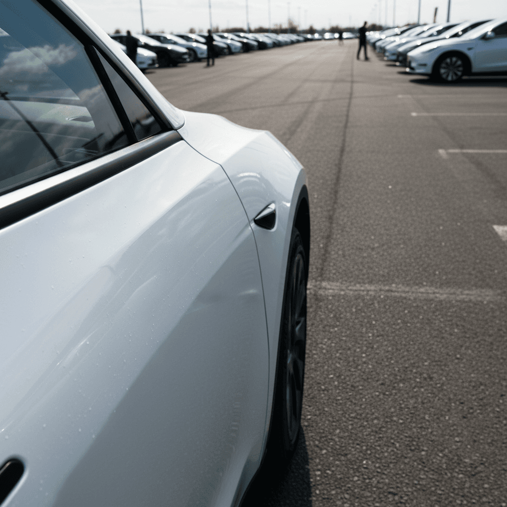 Close view of a 2022 Tesla Model Y’s front fender and door panel gaps being inspected for alignment issues