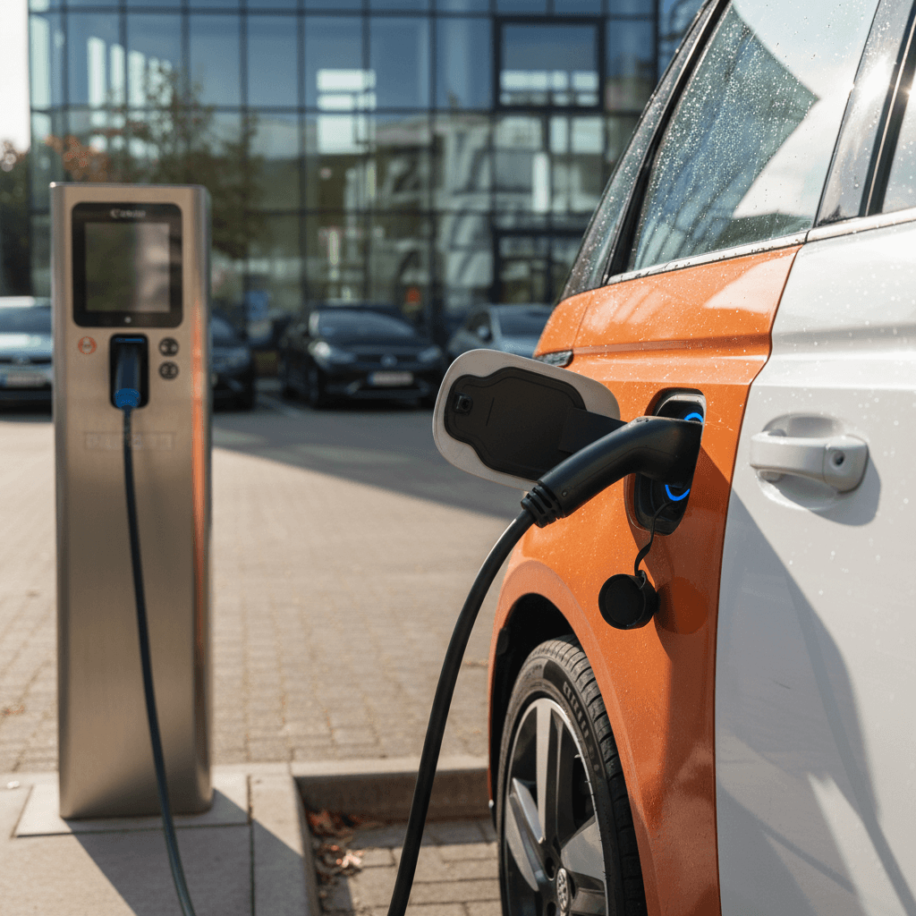 Volkswagen ID. Buzz charging at a highway DC fast charger with cables connected