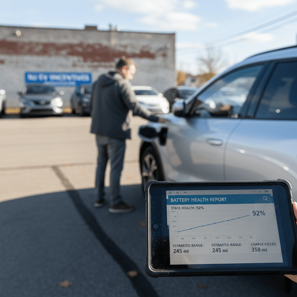 Shopper reviewing a digital battery health report while standing next to a used electric car at a dealership