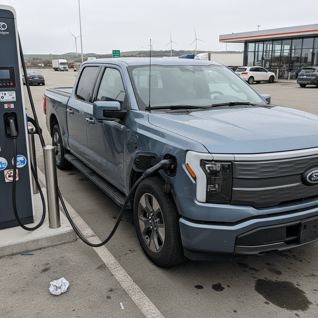 Ford F-150 Lightning charging at a DC fast charger along a highway, illustrating real-world road trip use for used buyers